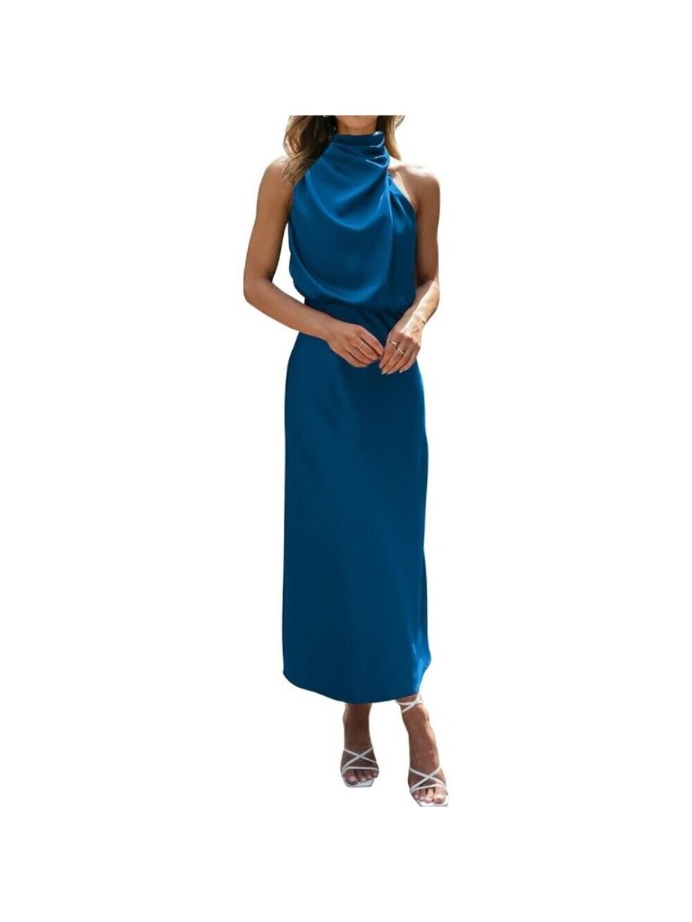 Women's Navy Cocktail Dressess for Satin Silk Sleeveless High Waist Maxi